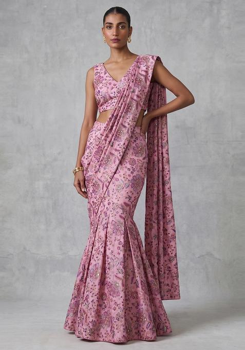 Pink Printed Crepe Pre Draped Saree Set