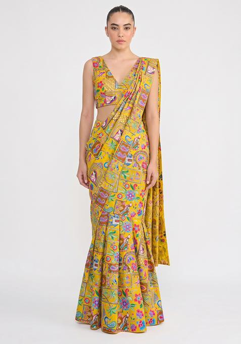 Yellow Printed Crepe Pre Draped Saree Set