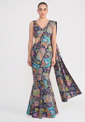 Navy Blue Printed Crepe Pre Draped Saree Set