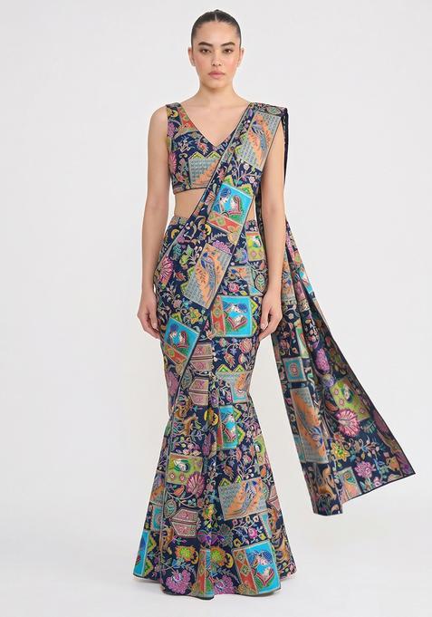 Navy Blue Printed Crepe Pre Draped Saree Set