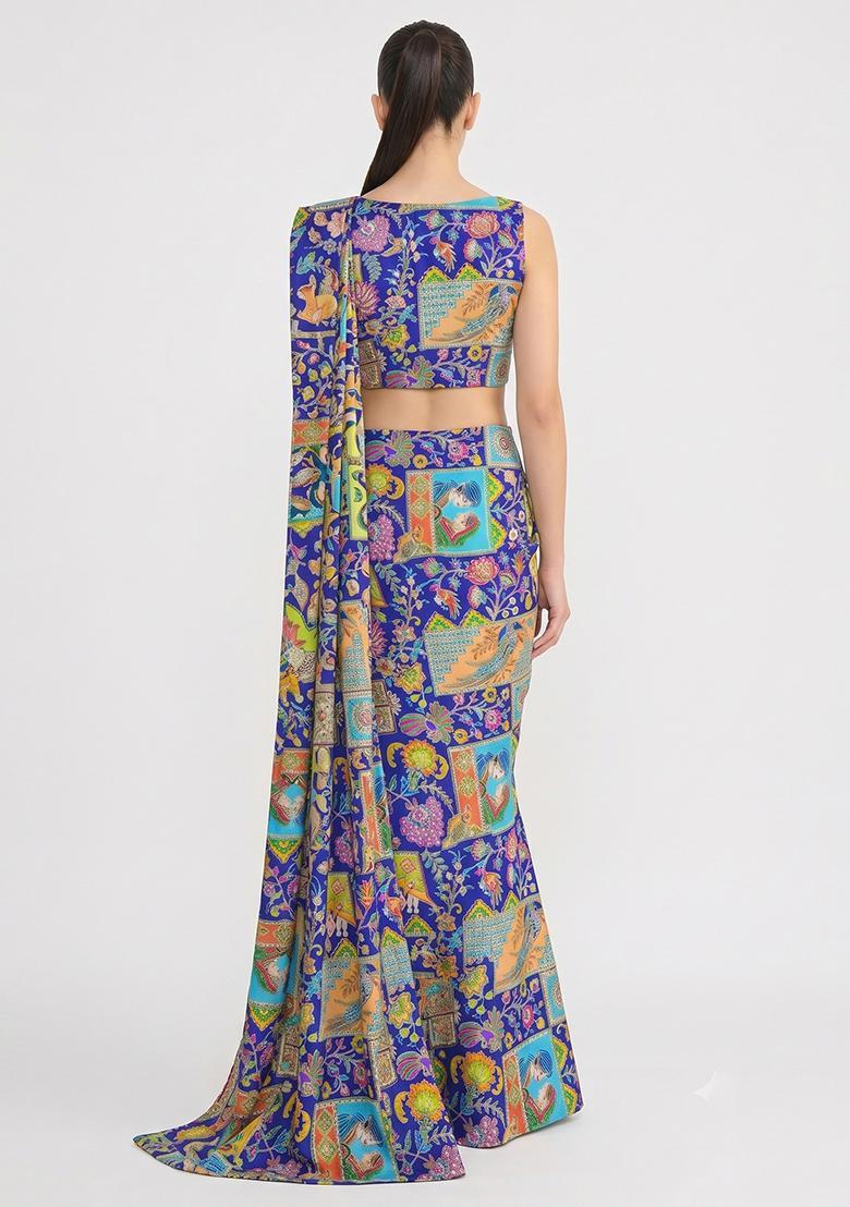 Royal Blue Printed Crepe Pre Draped Saree Set - Indya