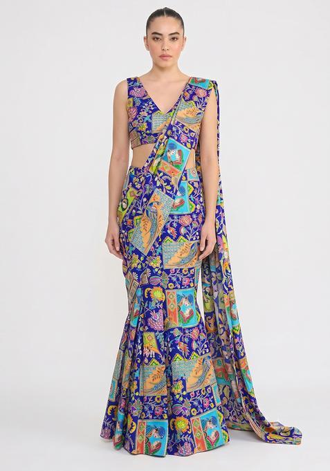 Royal Blue Printed Crepe Pre Draped Saree Set