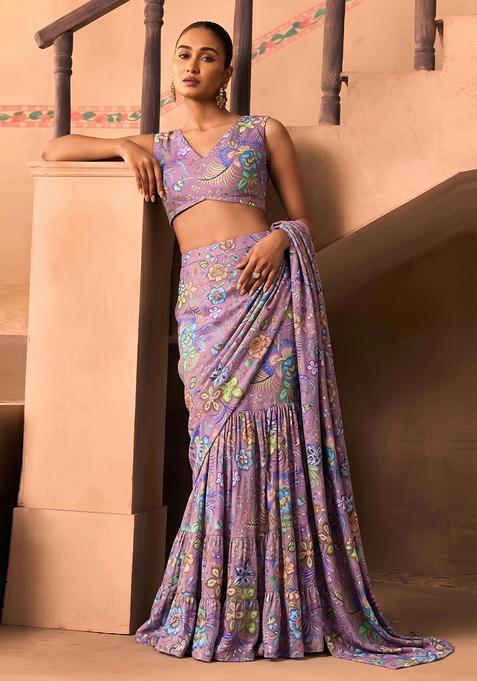 Lavender Printed Chinon Pre Draped Saree Set
