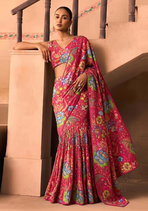 Pink Printed Chinon Pre Draped Saree Set