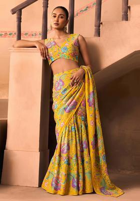 Yellow Printed Chinon Pre Draped Saree Set