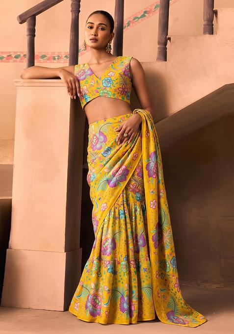 Yellow Printed Chinon Pre Draped Saree Set