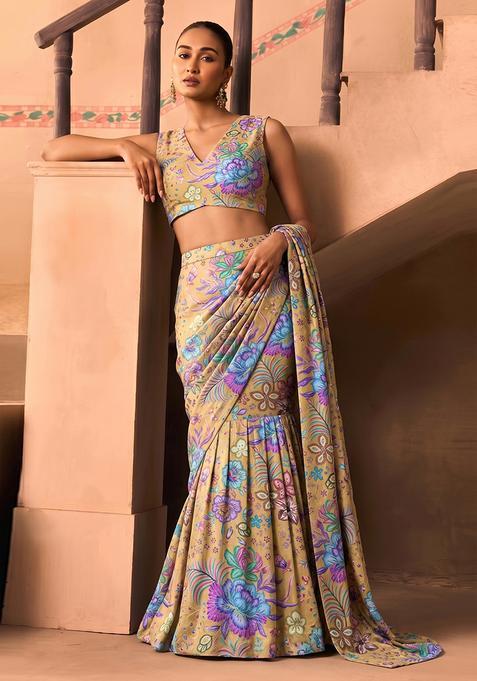 Beige Printed Chinon Pre Draped Saree Set