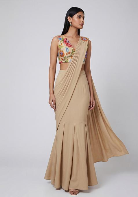 Red Printed Chinon Pre Draped Saree Set