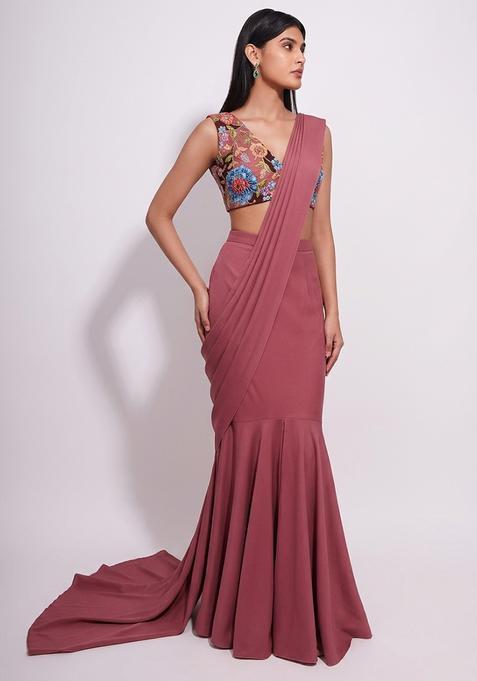 Mauve Printed Crepe Pre Draped Saree Set
