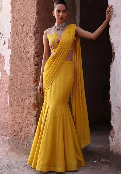 Mustard Printed Organza Pre Draped Saree Set