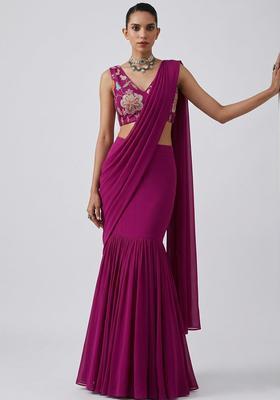 Magenta Printed Organza Pre Draped Saree Set
