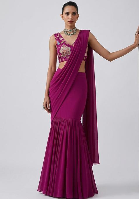 Magenta Printed Organza Pre Draped Saree Set