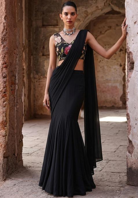 Black Printed Organza Pre Draped Saree Set