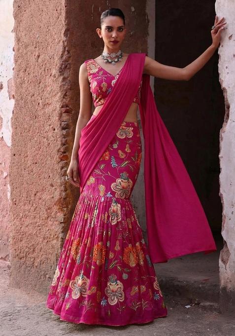 Magenta Printed Organza Pre Draped Saree Set