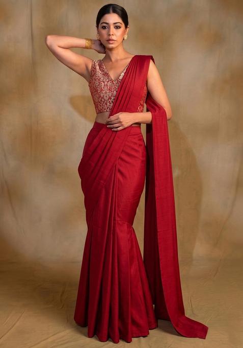 Deep Red Brocade Pre Draped Saree Set