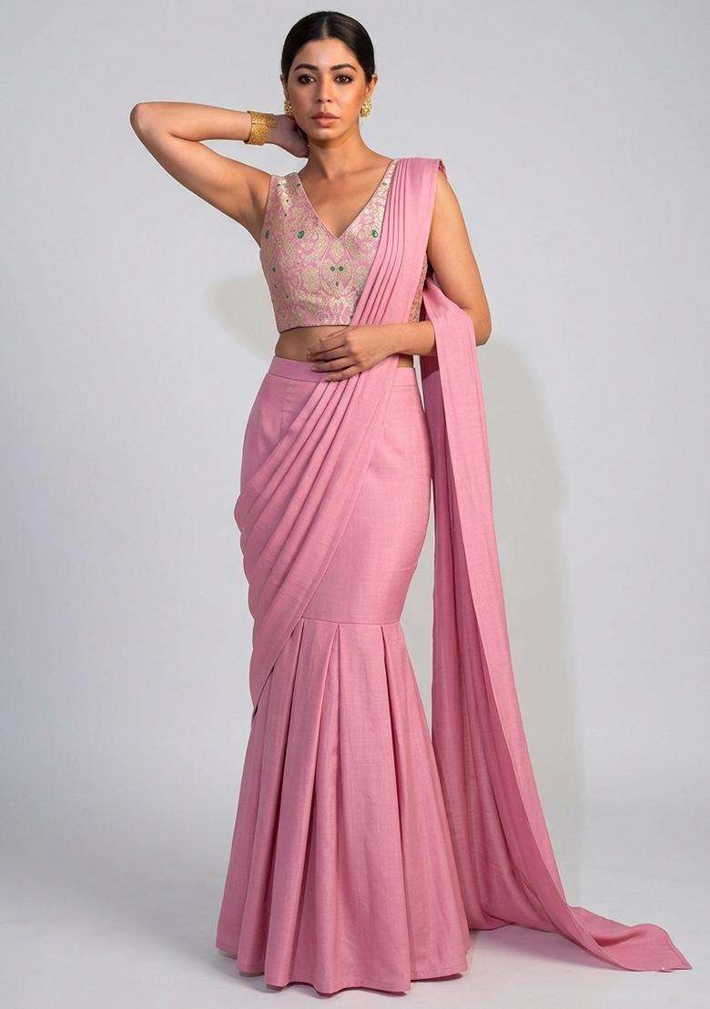 Pink Brocade Pre Draped Saree Set - Indya