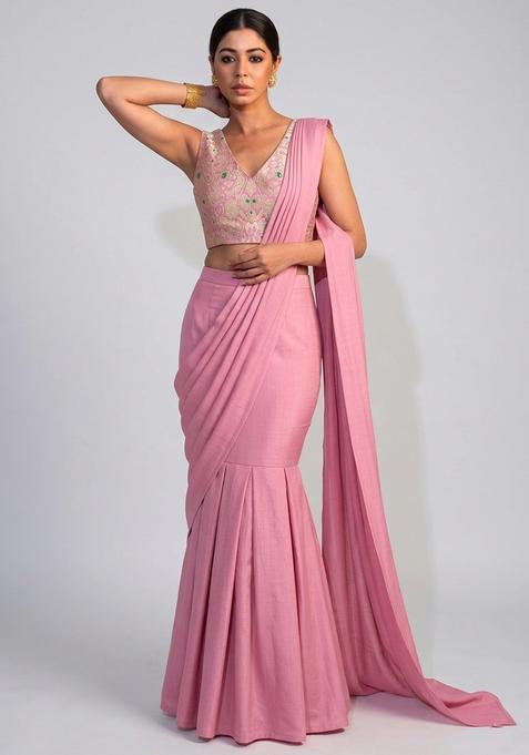 Pink Brocade Pre Draped Saree Set
