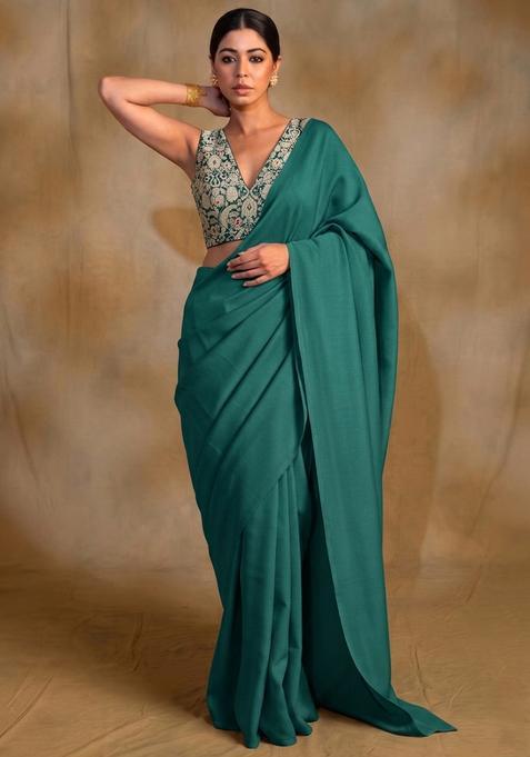 Emerald Green Brocade Pre Draped Saree Set