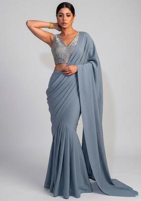 Slate Grey Brocade Pre Draped Saree Set
