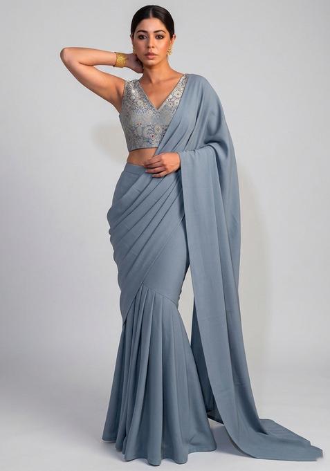 Slate Grey Brocade Pre Draped Saree Set