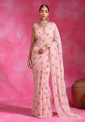 Pastel Pink Embroidered Organza Pre Draped Saree Set