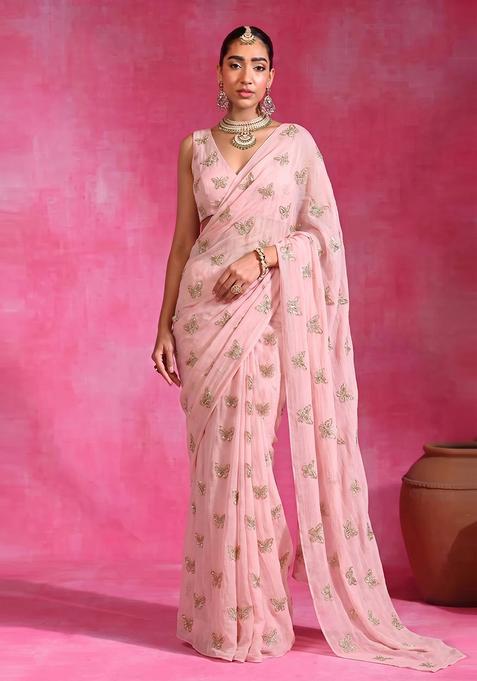 Pastel Pink Embroidered Organza Pre Draped Saree Set