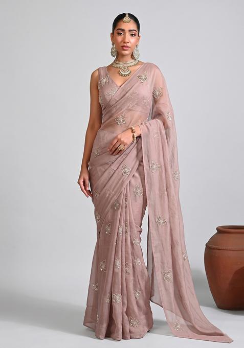 Pastel Pink Embroidered Organza Pre Draped Saree Set