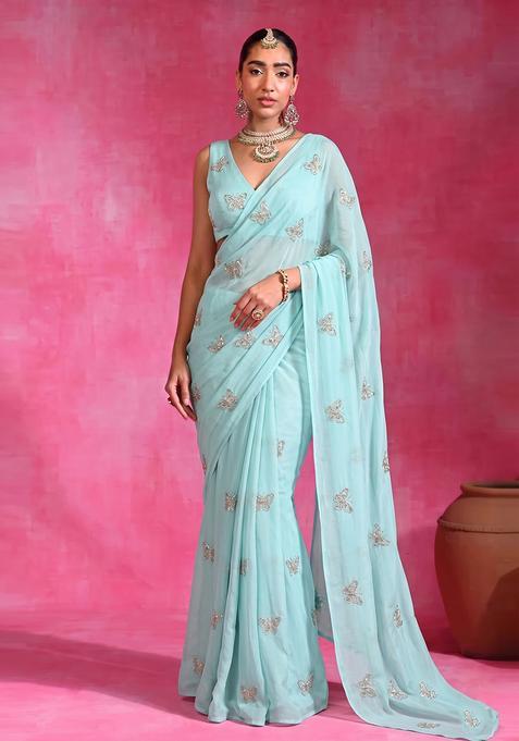 Pastel Pink Embroidered Organza Pre Draped Saree Set