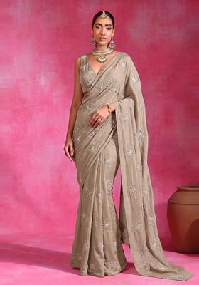 Dusty Pink Embroidered Organza Pre Draped Saree&nbsp;