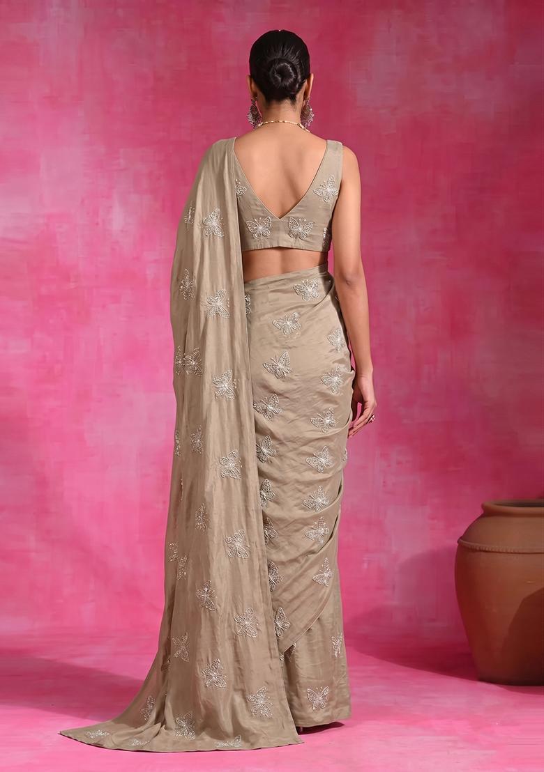 Dusty Pink Embroidered Organza Pre Draped Saree&nbsp; - Indya