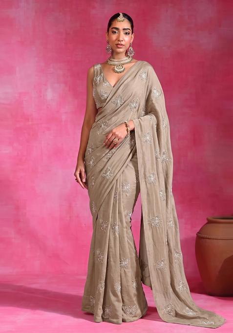 Dusty Pink Embroidered Organza Pre Draped Saree&nbsp;