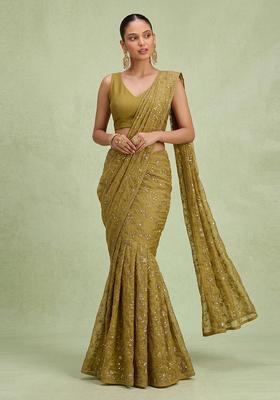 Olive Green Embroidered Organza Pre Draped Saree Set
