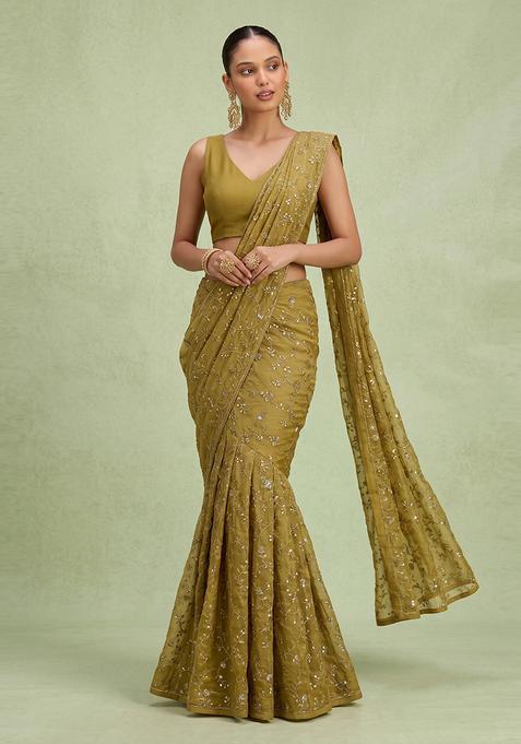 Olive Green Embroidered Organza Pre Draped Saree Set
