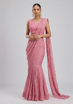 Pink Embroidered Organza Pre Draped Saree Set