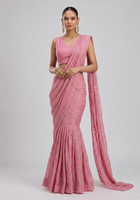 Pink Embroidered Organza Pre Draped Saree Set