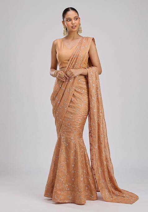 Blush Pink Embroidered Organza Pre Draped Saree Set