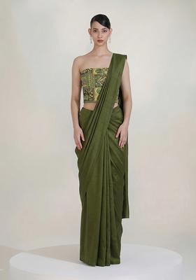 Olive Green Printed Crepe Pre Draped Saree Set
