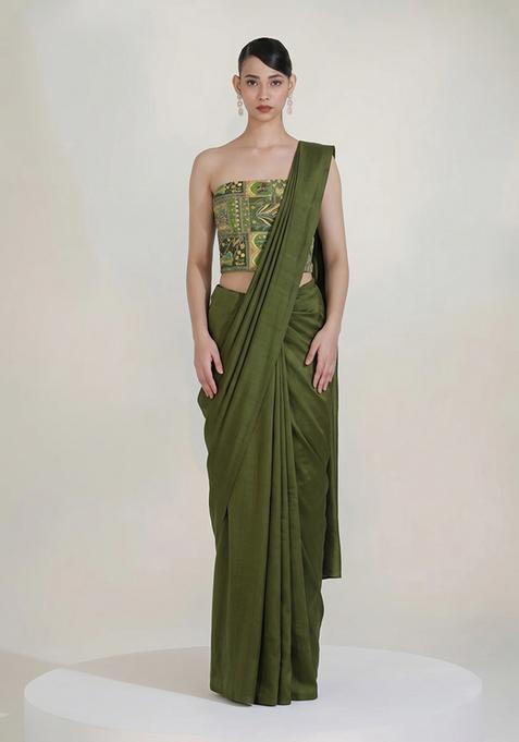 Olive Green Printed Crepe Pre Draped Saree Set