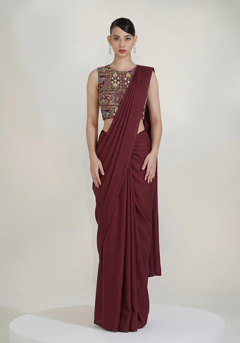 Maroon Printed Crepe Pre Draped Saree Set
