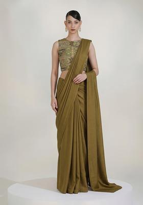 Olive Green Printed Crepe Pre Draped Saree Set