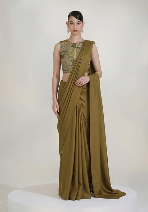 Olive Green Printed Crepe Pre Draped Saree Set