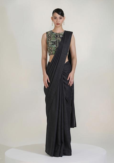 Black Printed Crepe Pre Draped Saree Set