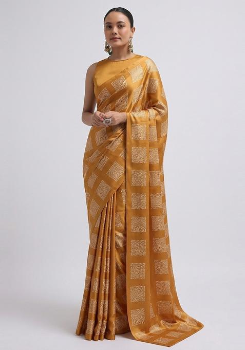 Musatrd Yellow Embroidered Georgette Pre Draped Saree Set