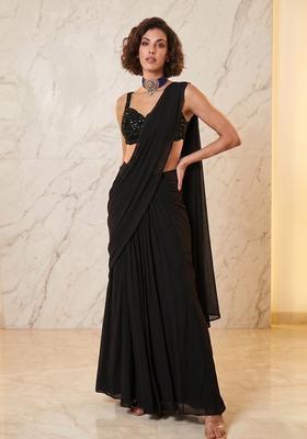 Black Handwork Pre Draped Saree Set