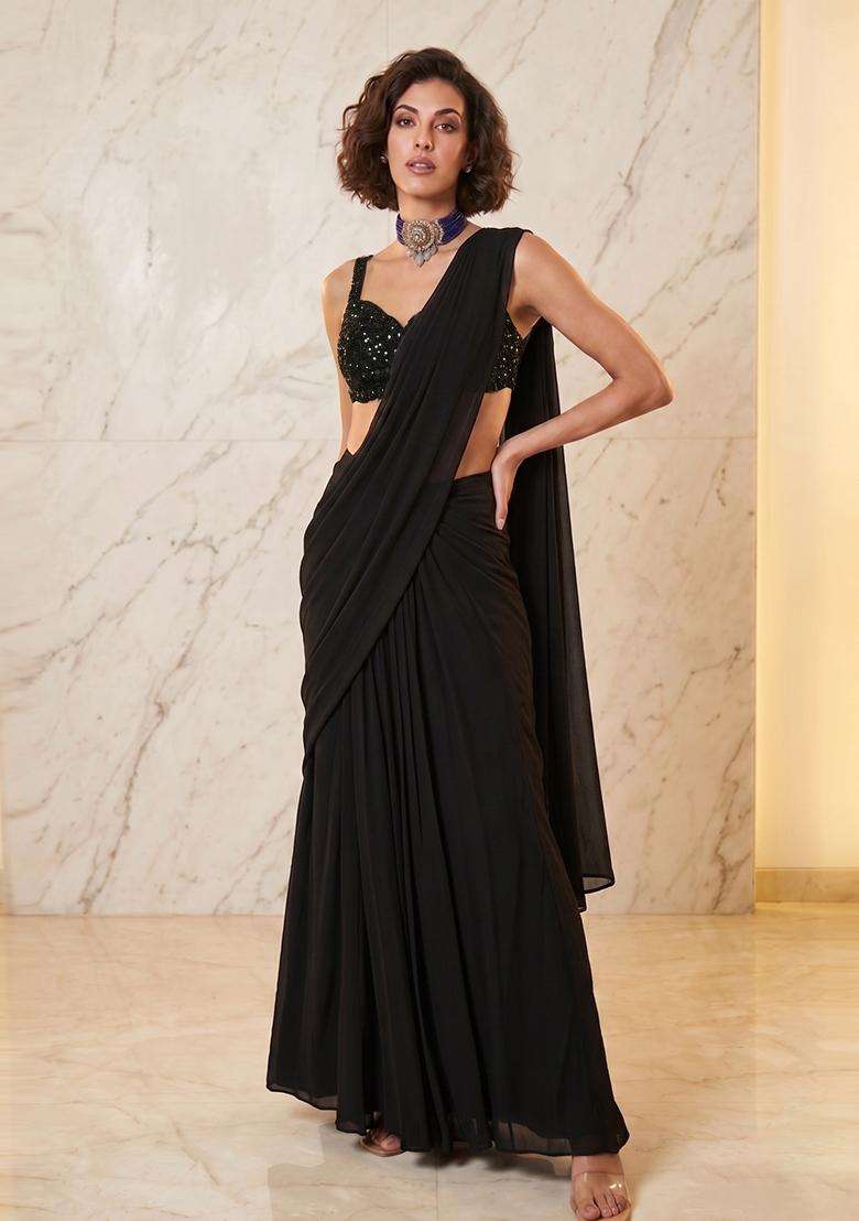 Black Handwork Pre Draped Saree Set - Indya