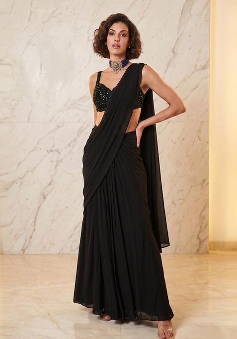 Black Handwork Pre Draped Saree Set