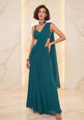 Teal Blue Handwork Pre Draped Saree Set