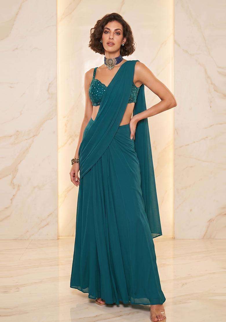 Teal Blue Handwork Pre Draped Saree Set - Indya