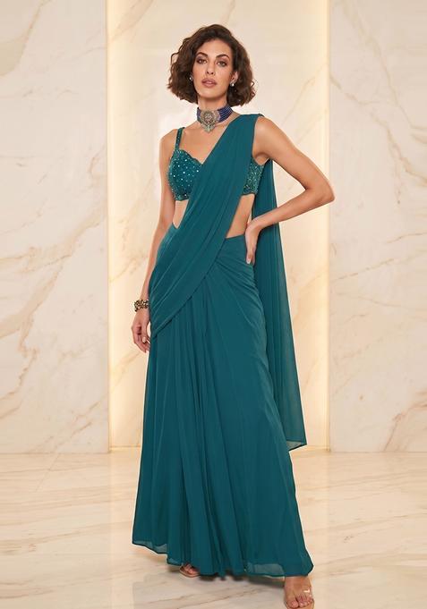 Teal Blue Handwork Pre Draped Saree Set