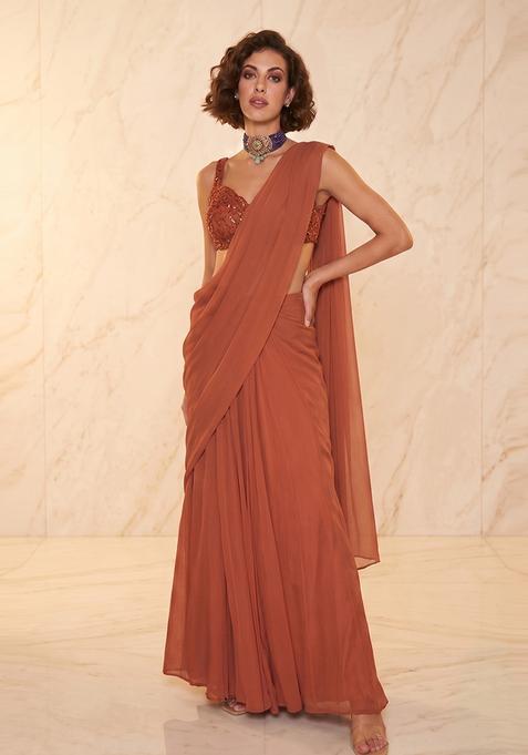 Brown Handwork Pre Draped Saree Set